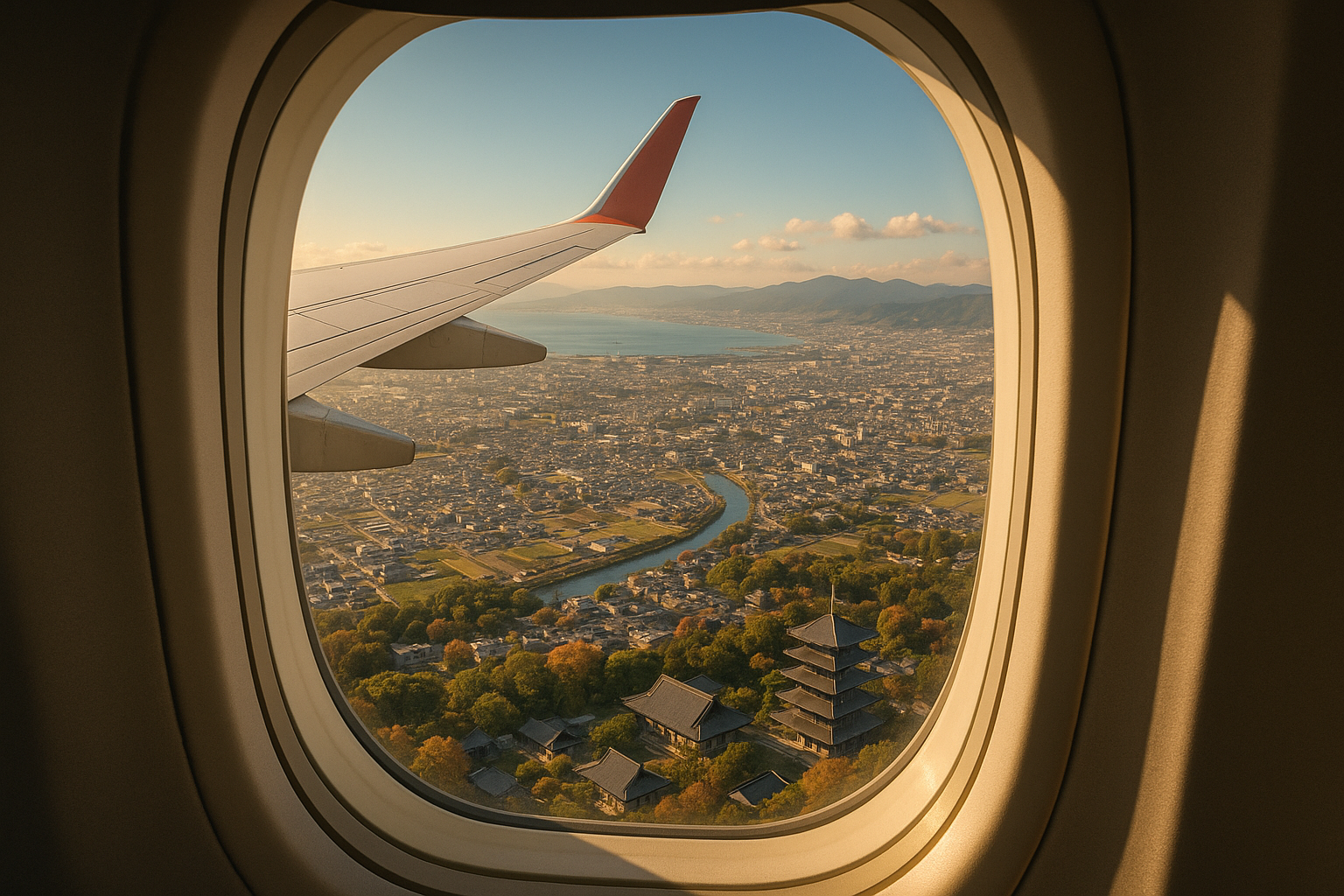 Airplane window seat looking out over kansai japan