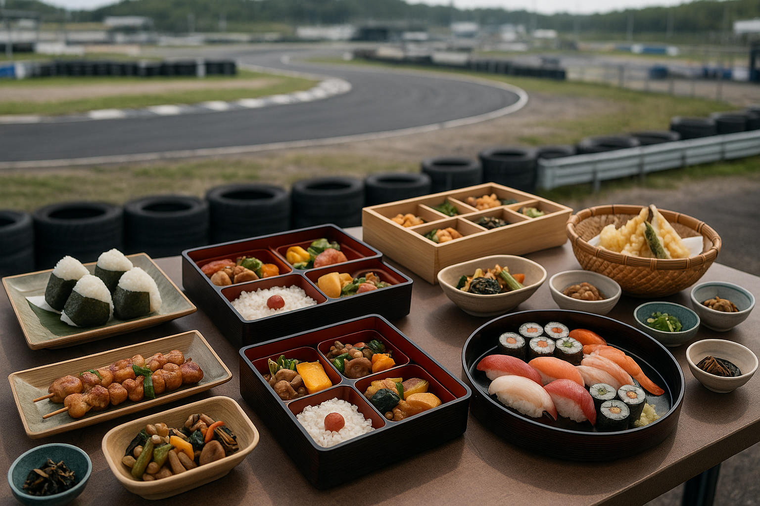 Japanese catered food on a table at a non-descript drift track